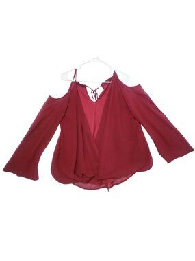 Lynnes Boutique Wine Red Cold Shoulder Blouse XXL Chiffon Wrap Front Dressy Top